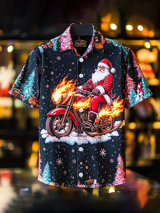 Men's Vintage Christmas Belle Print Lapel Shirt