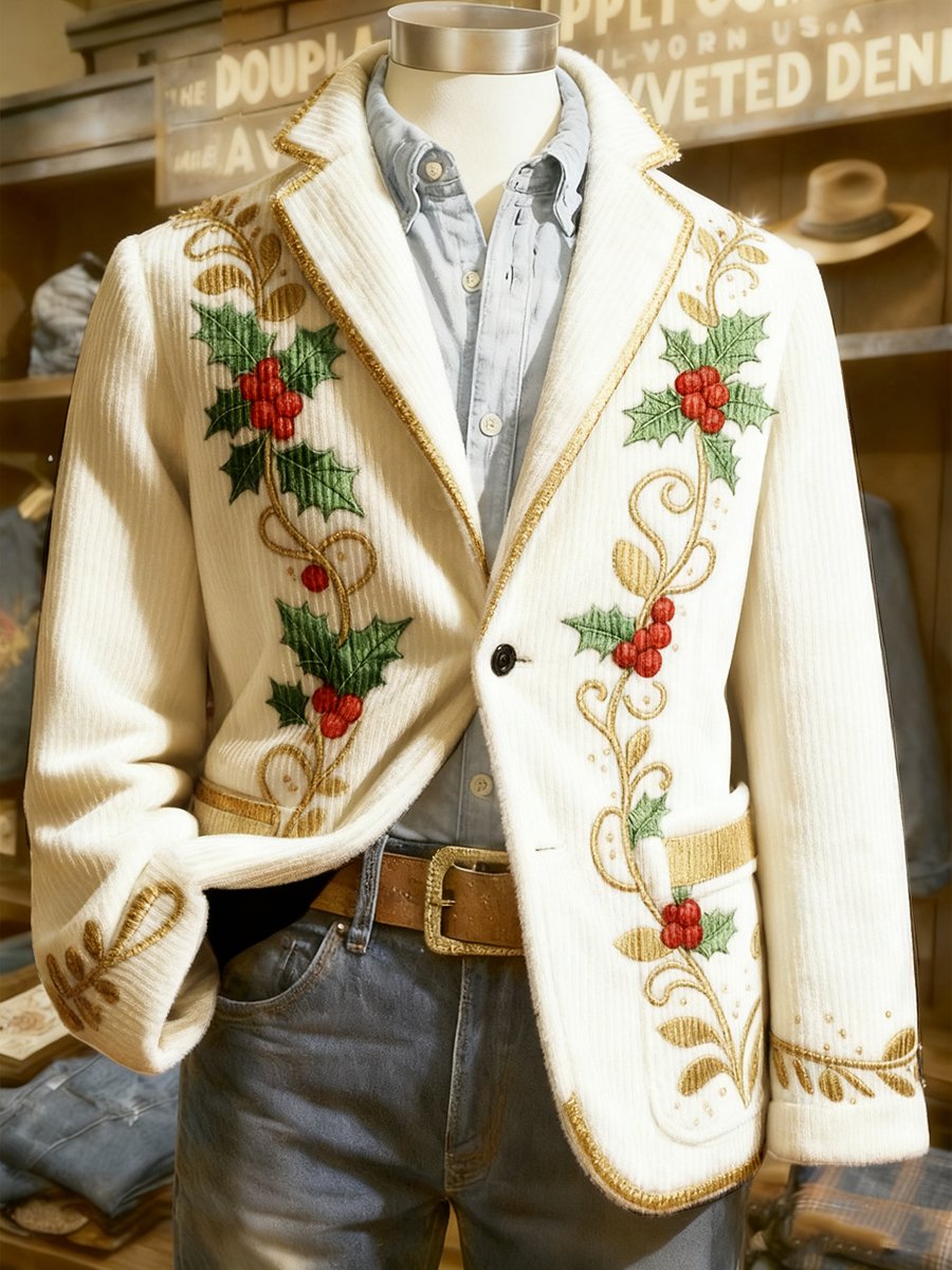 Men's Corduroy Christmas Holly Lapel Blazer