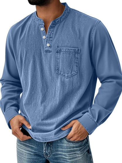 Men's Vintage Basic Distressed Long Sleeve Henley Shirt