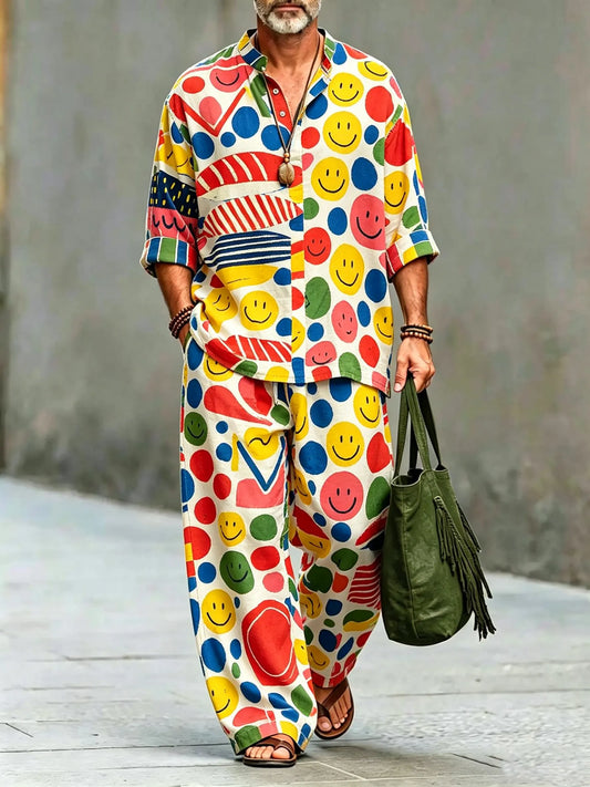 Men's Vintage Abstract Art Printed Cotton Shirt Set (Top & Pants)