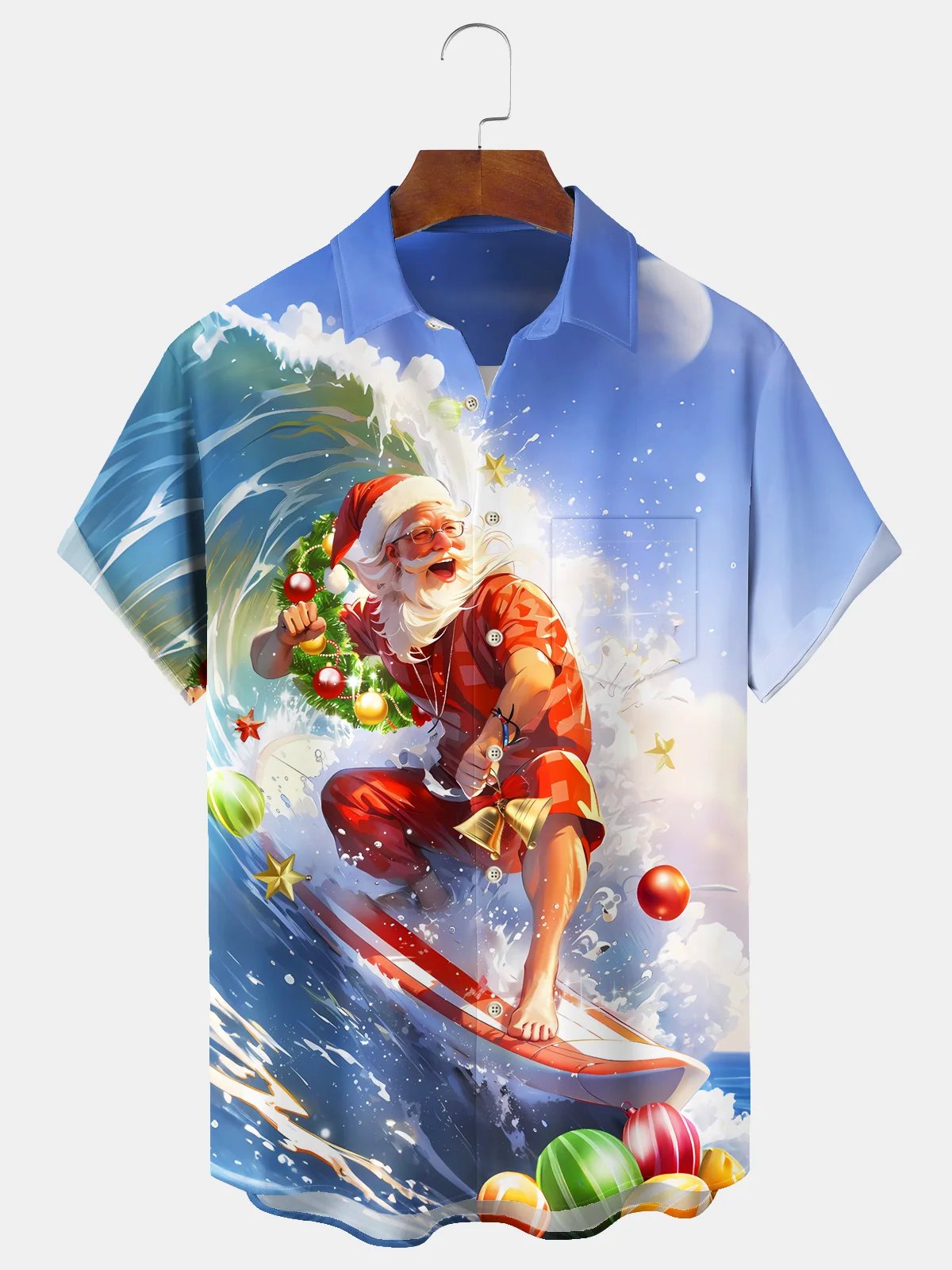 Men's Christmas Surfing Santa Print Casual Shirt