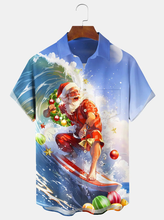 Men's Christmas Surfing Santa Print Casual Shirt
