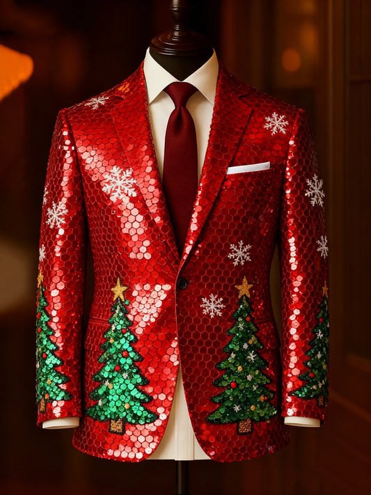 Men's Luxury Christmas Evergreen Snowflake Lapel Suit Jacket