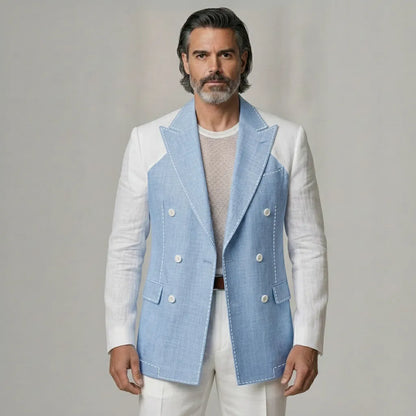 Men's Semi Formal Cool Blue Double Breasted Peak Lapel Contrast Color Blazer