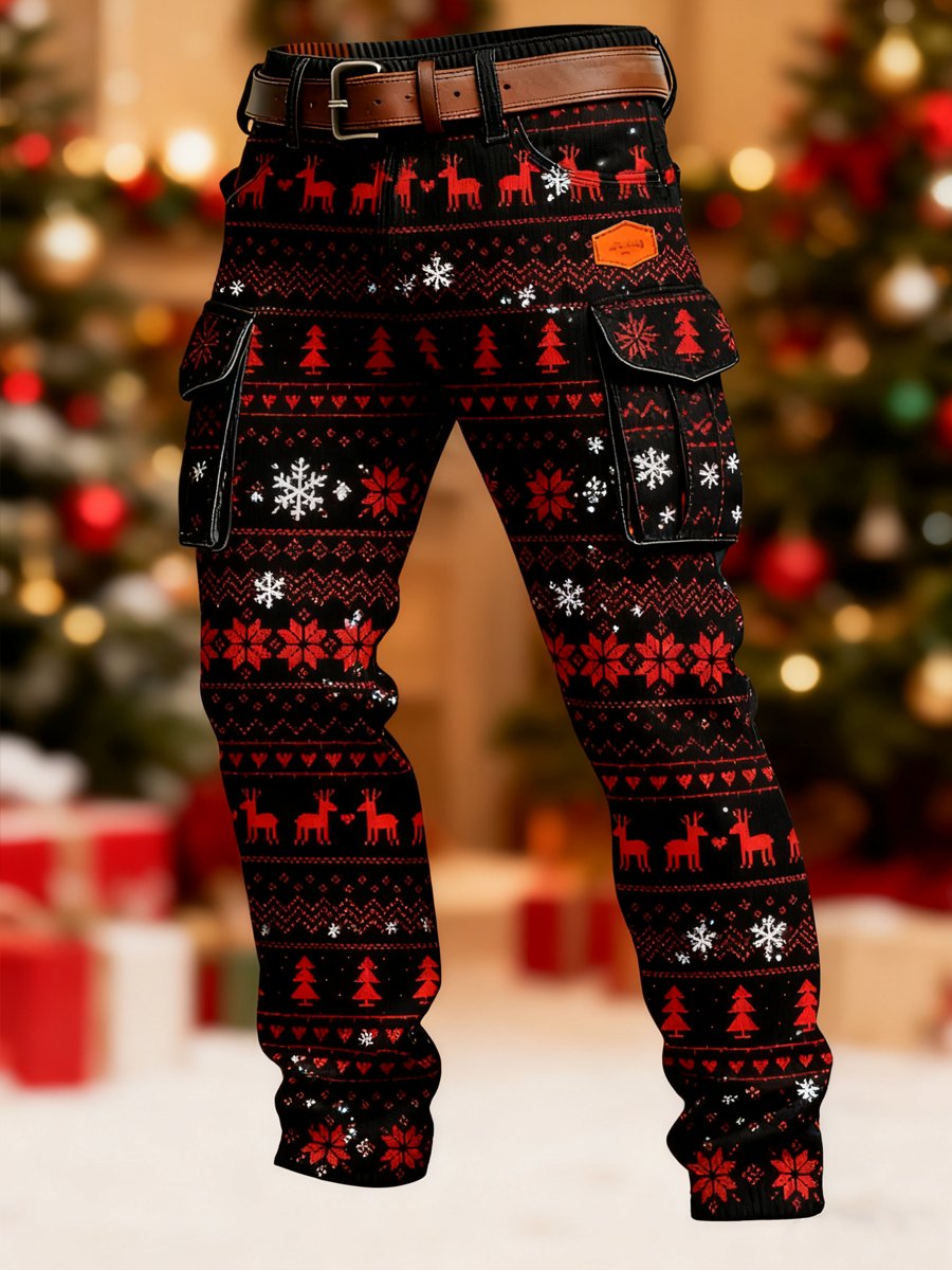 Men's Retro Christmas Evergreen Reindeer Striped Print Cargo Pants