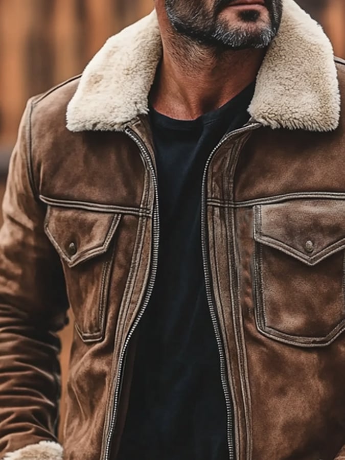 Men's Retro Classic Distressed Casual Fur Collar Pocket Jacket