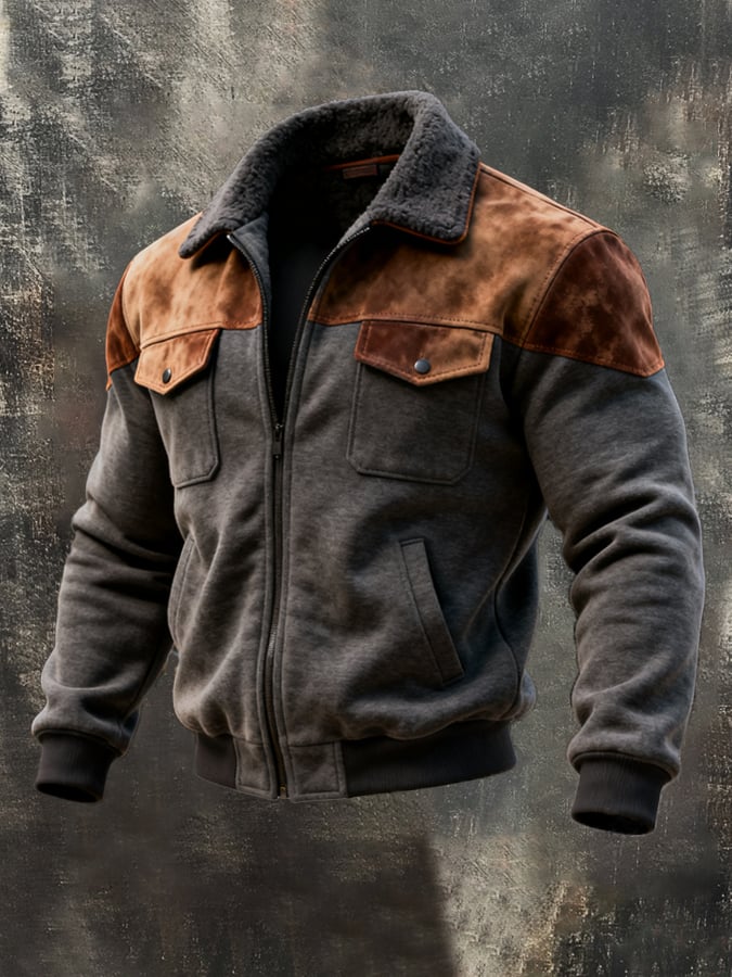 Men's Retro Stitching Contrast Color Fur Collar Jacket