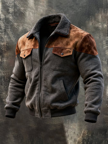 Men's Retro Stitching Contrast Color Fur Collar Jacket