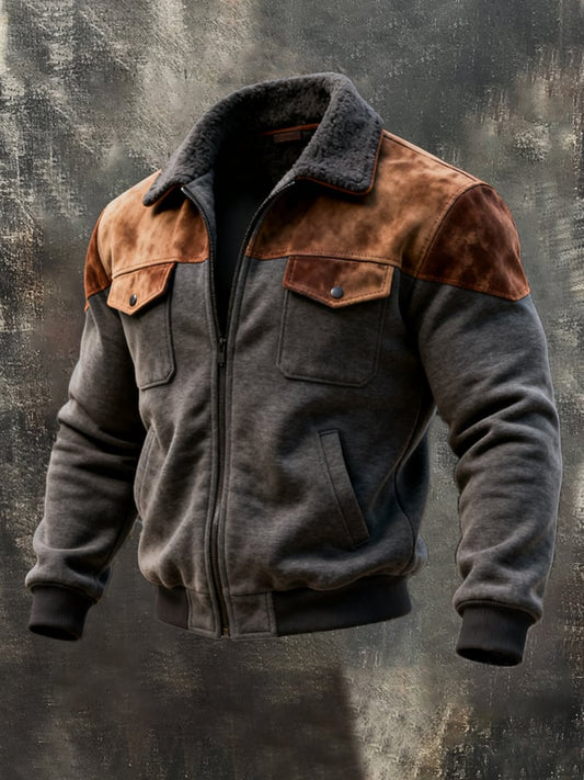 Men's Retro Stitching Contrast Color Fur Collar Jacket