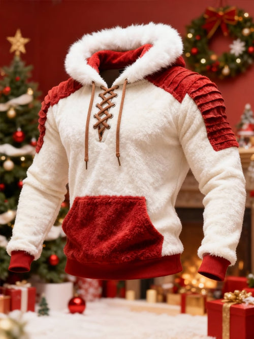 Men'S Plush Warm Color-Blocked Christmas Hooded Sweatshirt
