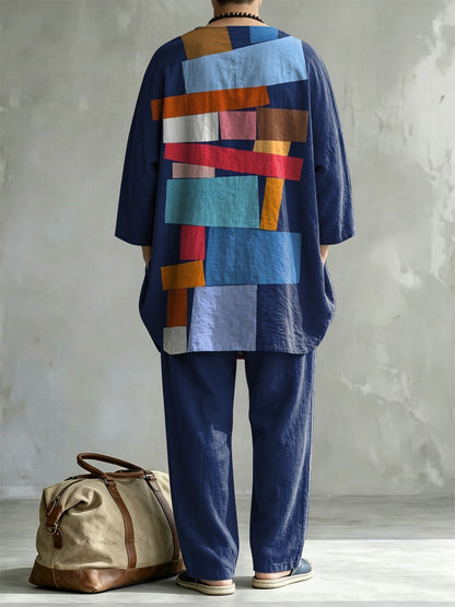 Men's Abstract Color Print Casual Round Neck Short-sleeve Linen Top Shorts Two-piece