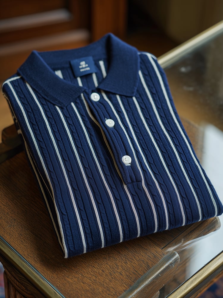 Men's Classic Business Casual Short Sleeve Cable Texture Polo Shirt