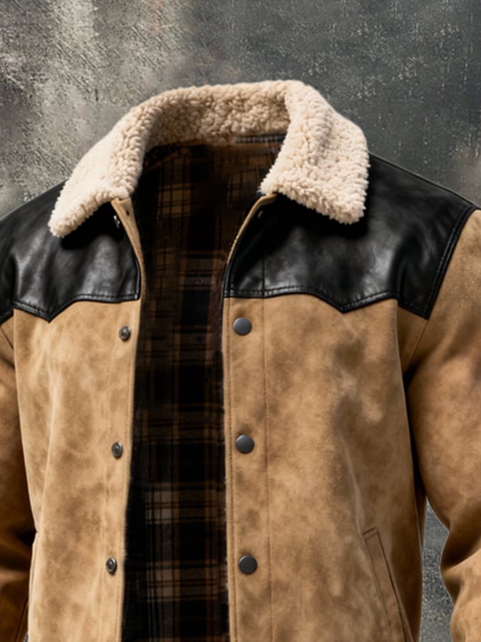 Men's Retro Contrast Plaid Lined Splicing Fur Lapel Jacket