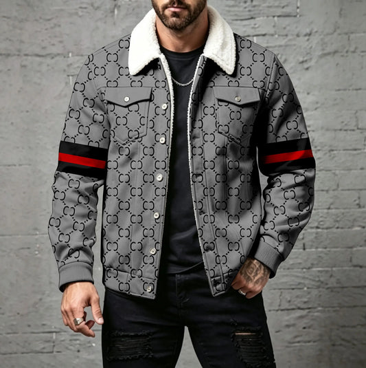 Men's Casual Double-C Print Cardigan with Studded Buttons