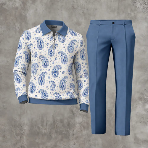 Men's Printed Zipper Polo Shirt and Pants Set