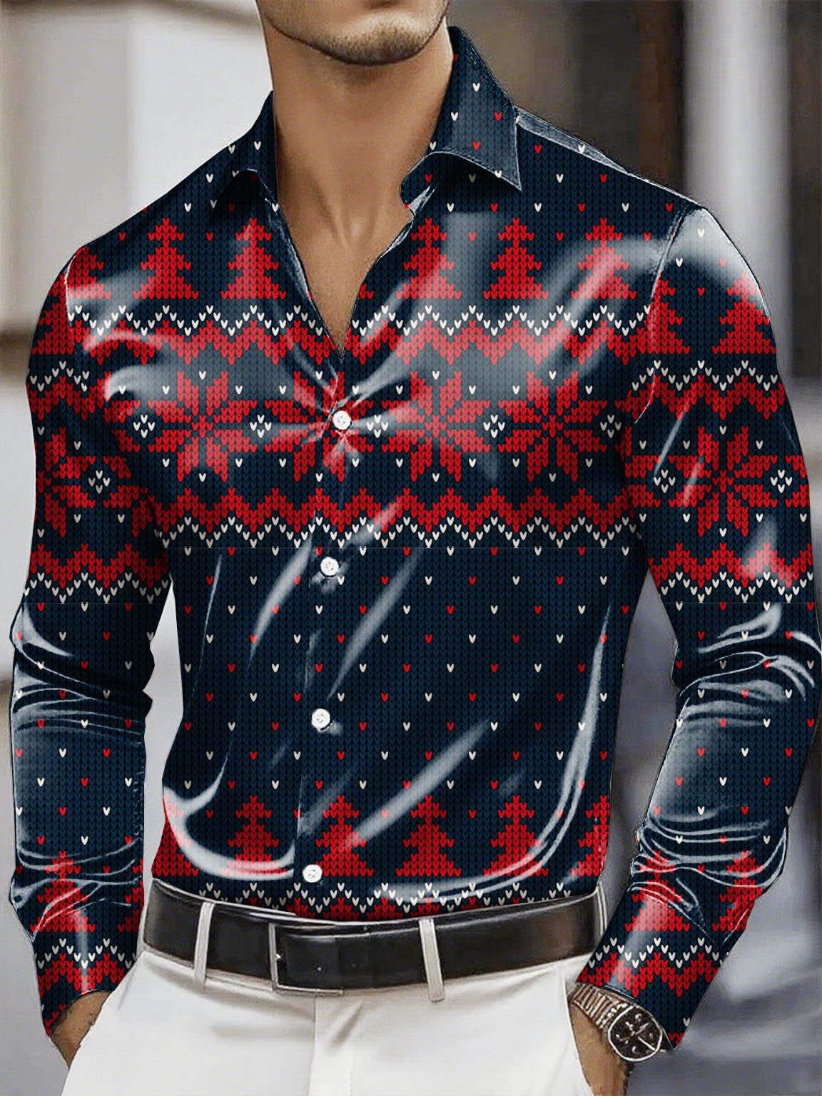 Men's Christmas Satin Luxe Long Sleeve Button Down Shirt