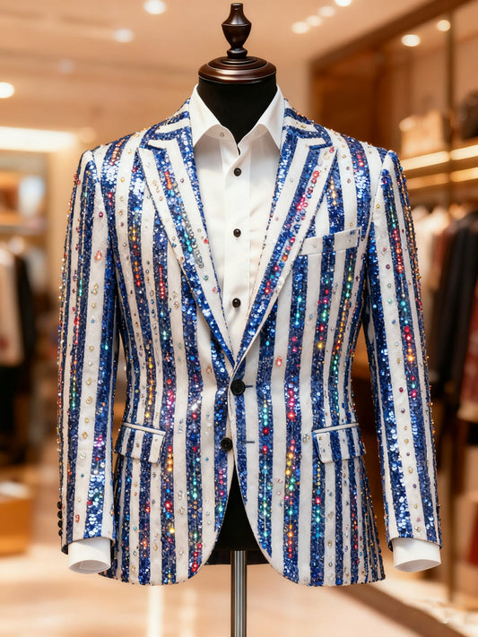 Men's Business Casual Large Pocket Notch Lapel Print Christmas Vertical Striped Color Lights Blazers