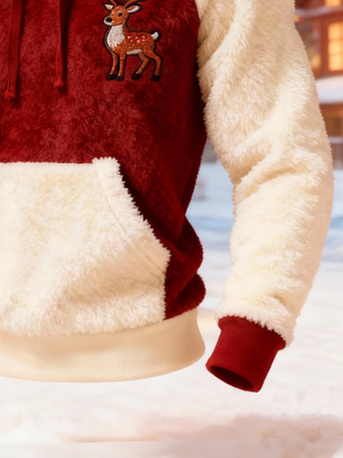 Men'S Plush Warm Color-Blocked Christmas Hooded Sweatshirt
