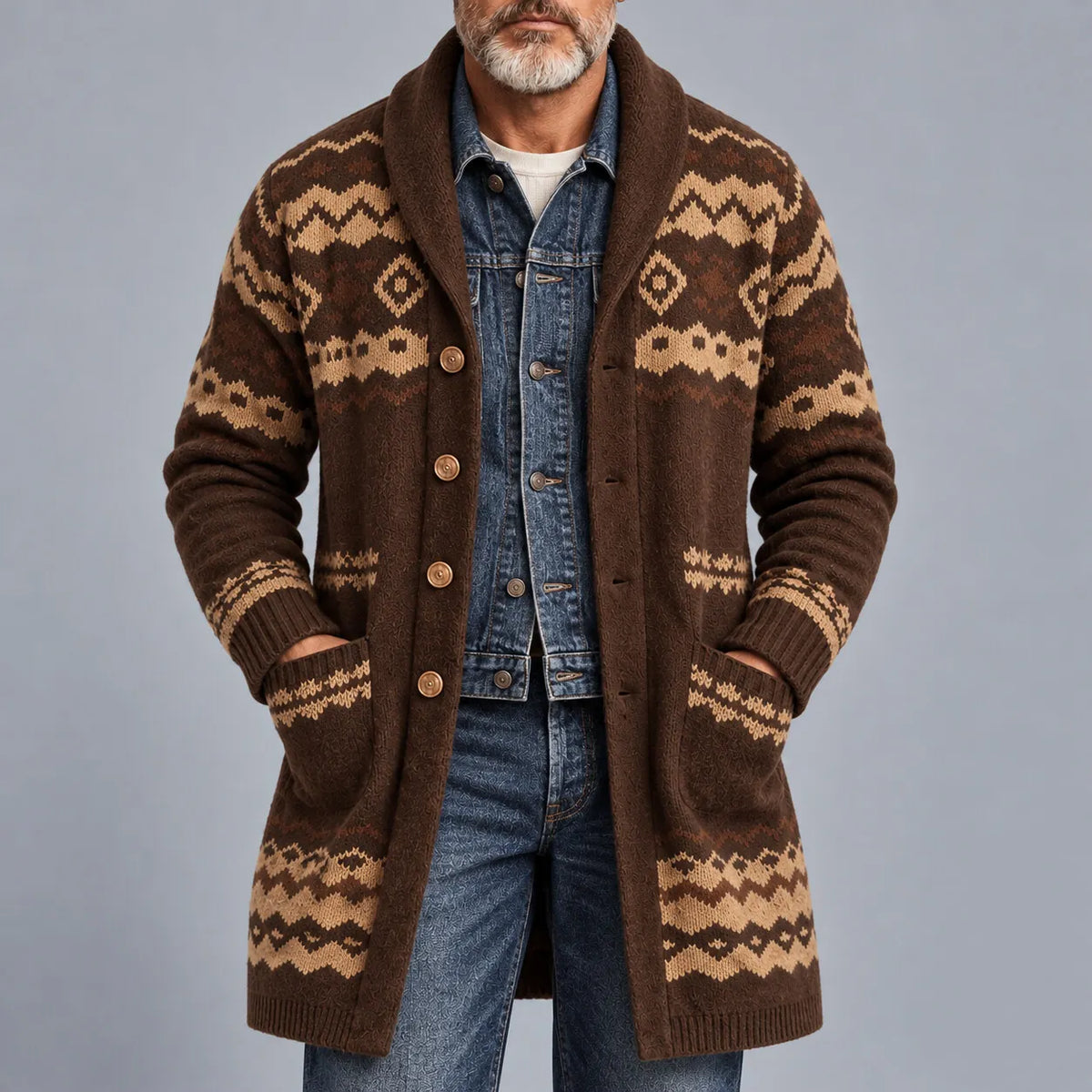 Men's Coffee Aztec Geometric Pattern Shawl Lapel Single Breasted Knitted Longline Cardigan