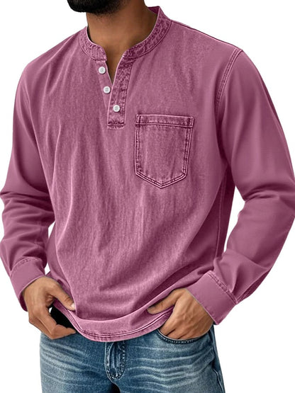 Men's Vintage Basic Distressed Long Sleeve Henley Shirt