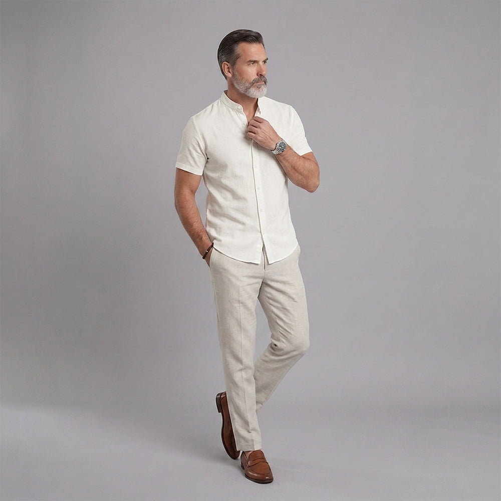 Men's Short-Sleeve Shirt with Stand-Up Collar: Lightweight, Breathable, and Textured