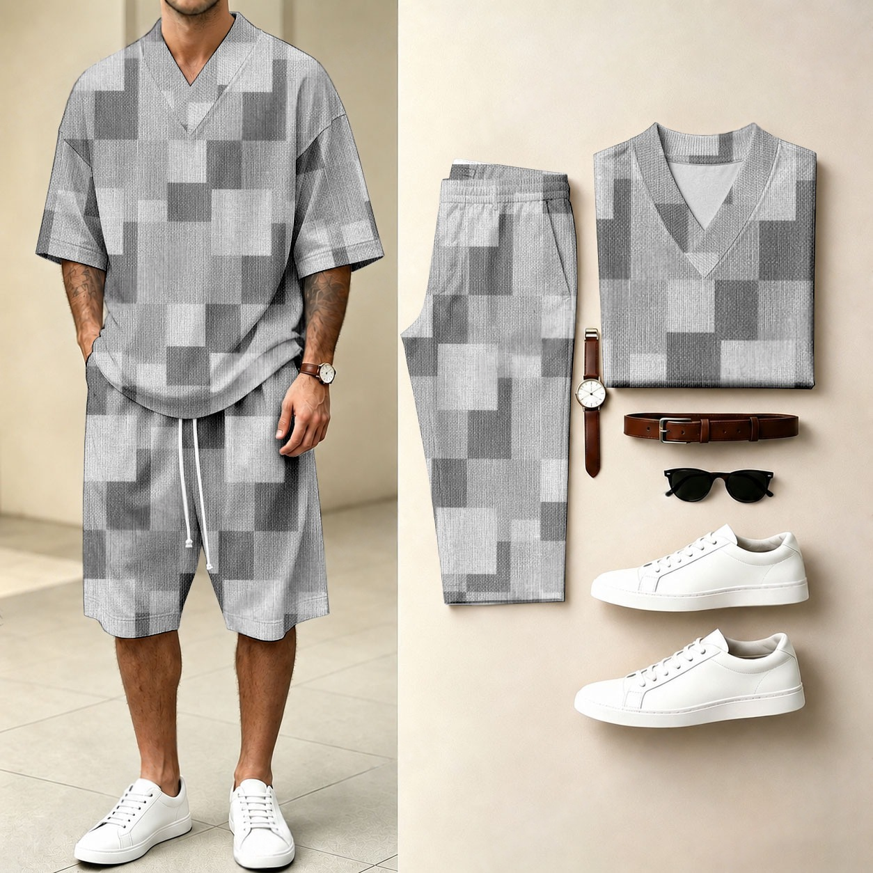 Men's Casual Checkered Print V-Neck Short-Sleeve T-Shirt And Shorts Two-Piece Set