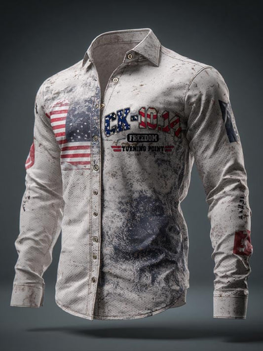 Men's Turning Point American Flag Print Patriotic Long-Sleeve Shirt