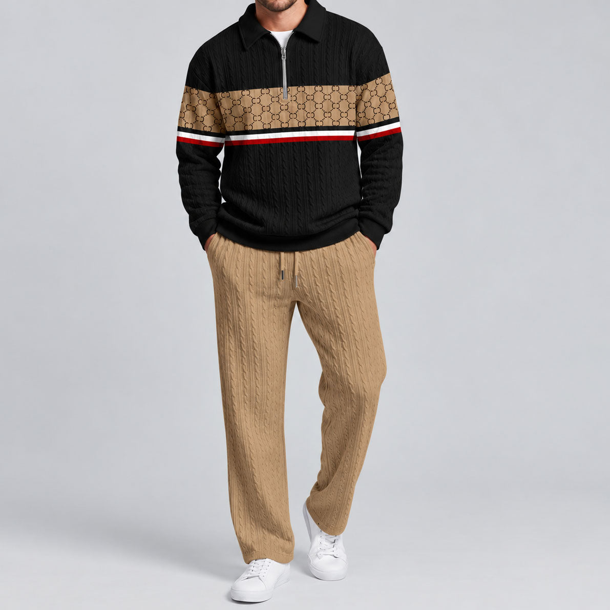 Men's Patchwork Polo Shirt and Pants Set