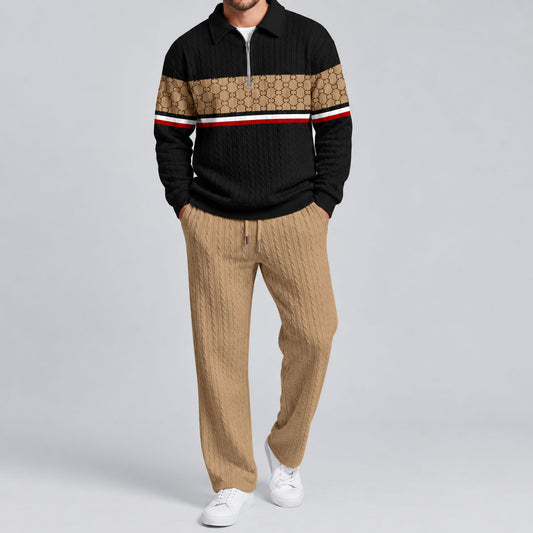 Men's Patchwork Polo Shirt and Pants Set
