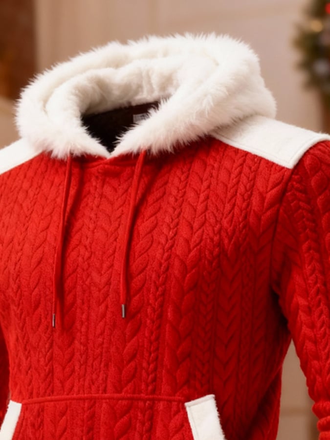 Men's Warm Plush Stitching Contrast Color Christmas Hooded Sweatshirt
