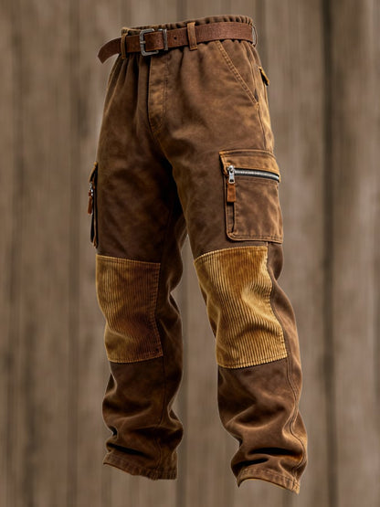 Men's Retro Stitching Functional Wear-Resistant Ripstop Zipper Pocket Work Pants