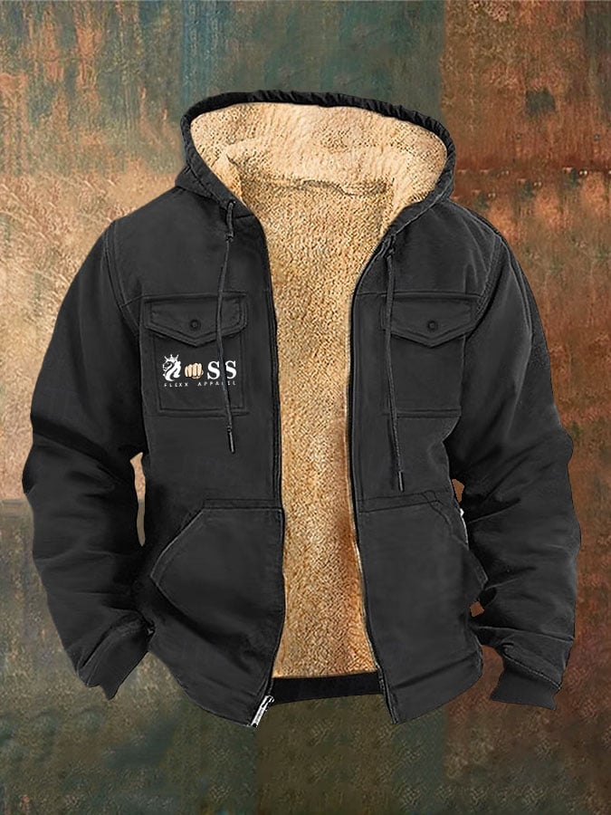 Men's Retro Lettering Printed Arctic Fleece Zip-Up Jacket