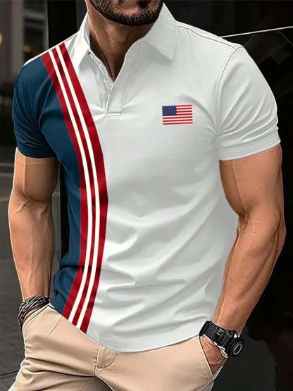 Men's Retro Flag Stripes Print Polo Shirt