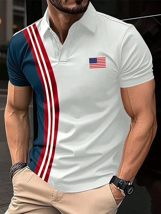 Men's Retro Flag Stripes Print Polo Shirt
