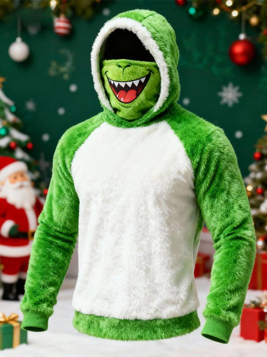 Men's Christmas Plush Hooded Jacket with Face Cover Design