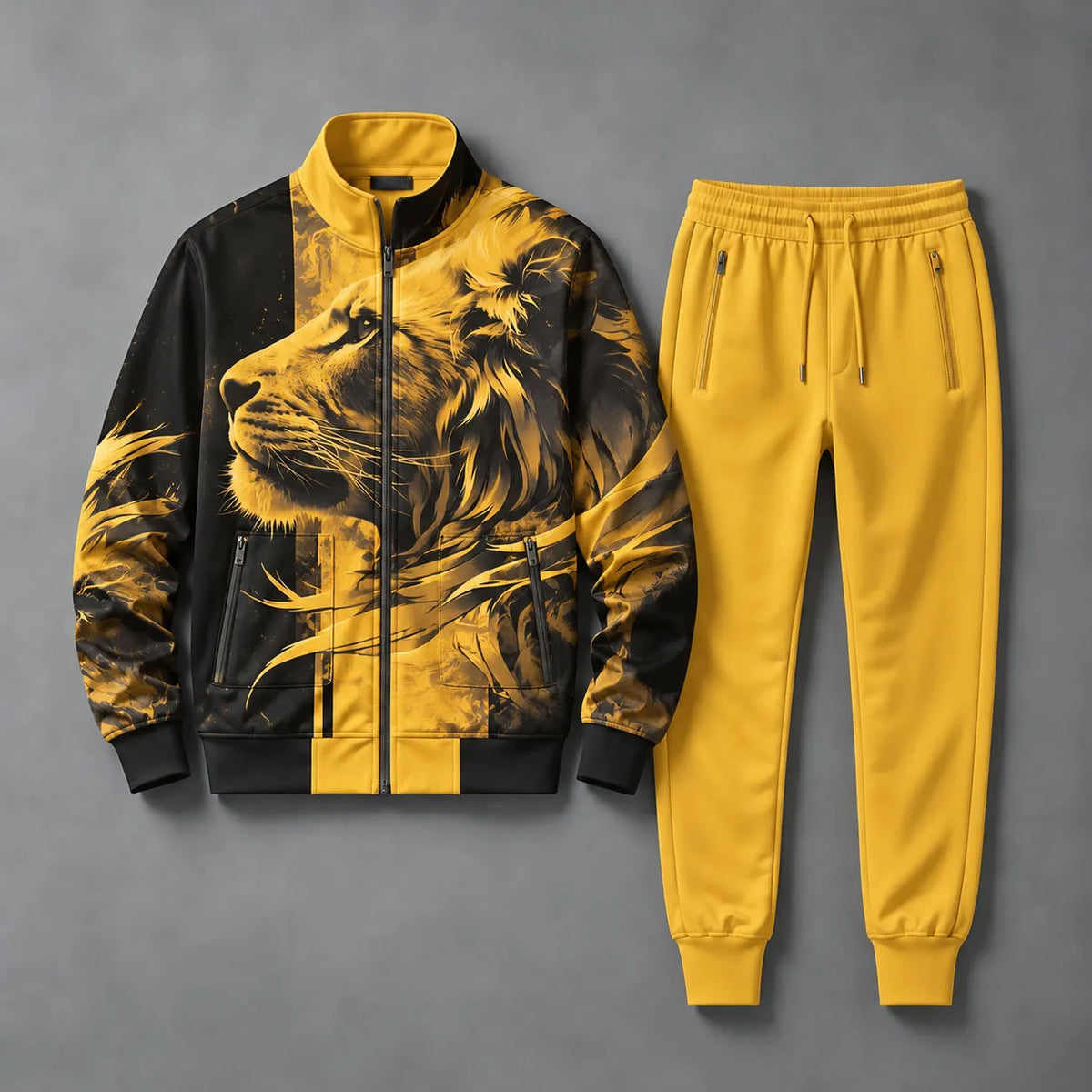 Men's Lion-Print Stand-Up Collar Sweatshirt and Pants Set
