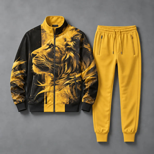 Men's Lion-Print Stand-Up Collar Sweatshirt and Pants Set