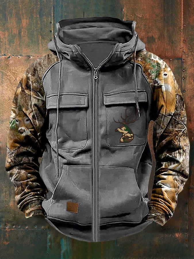 Men's Vintage Western Deer Print Multi-Pocket Jacket