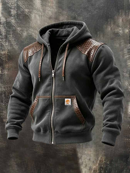 Men'S Retro Color-Block Outdoor Jacket With Leather Paneling