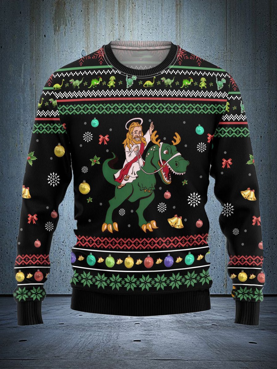 Funny Christmas with Jesus and Dinosaurs - Ugly Christmas Sweatshirts