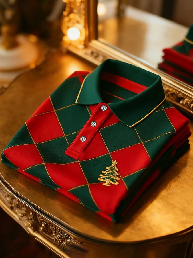 Men's Christmas-Themed Printed Short-Sleeved Polo Shirt
