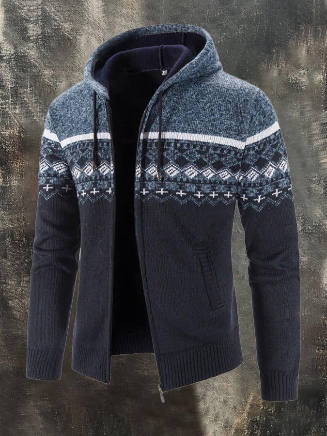 Men's Thickened Velvet Retro Contrast Color Knitted Cardigan Jacket