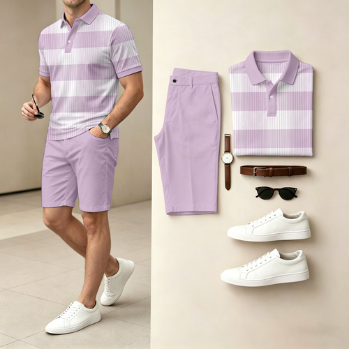 Men's Casual Horizontal Striped Color-Block Print Polo Shirt And Shorts Two-Piece Set (Watch, Belt, And Accessories Not Included)