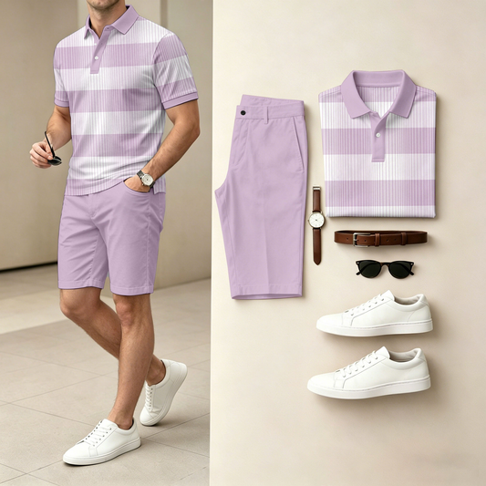 Men's Casual Horizontal Striped Color-Block Print Polo Shirt And Shorts Two-Piece Set (Watch, Belt, And Accessories Not Included)
