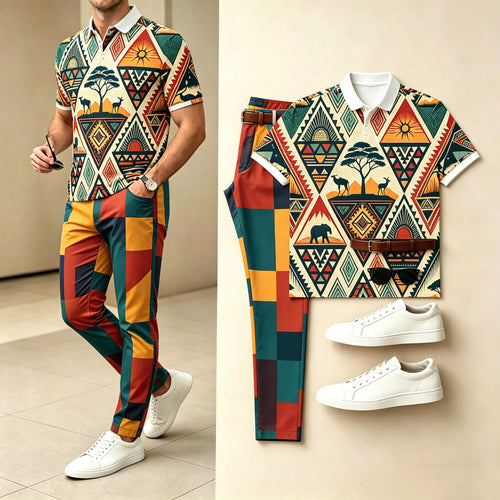 Men's Casual  Printed Polo Shirt And Pants Two-Piece Set