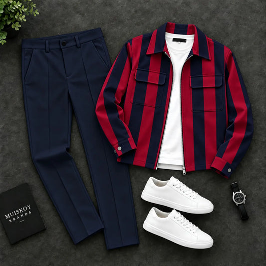 Men's Multicolored Striped Zipper Cardigan and Pants Set