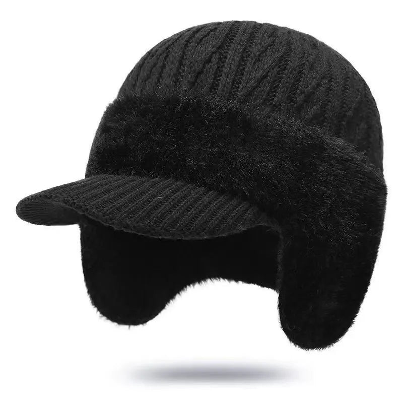Men's Solid Color Cable Knit Short Brim Built-in Plush Ear Flaps Trapper Hat
