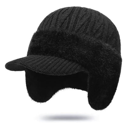 Men's Solid Color Cable Knit Short Brim Built-in Plush Ear Flaps Trapper Hat