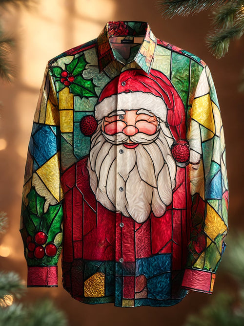 Men's Party Stained Glass Santa Claus Print Long-Sleeved Shirt