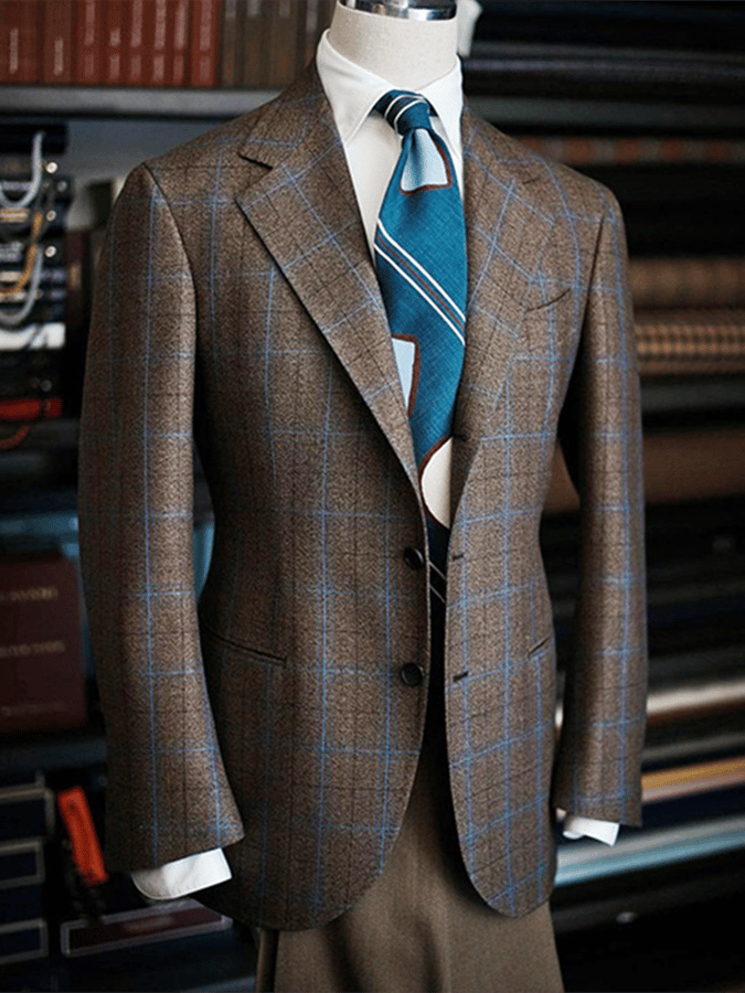 Men's Vintage Single-Breasted Plaid Gentleman's Business Suit Jacket